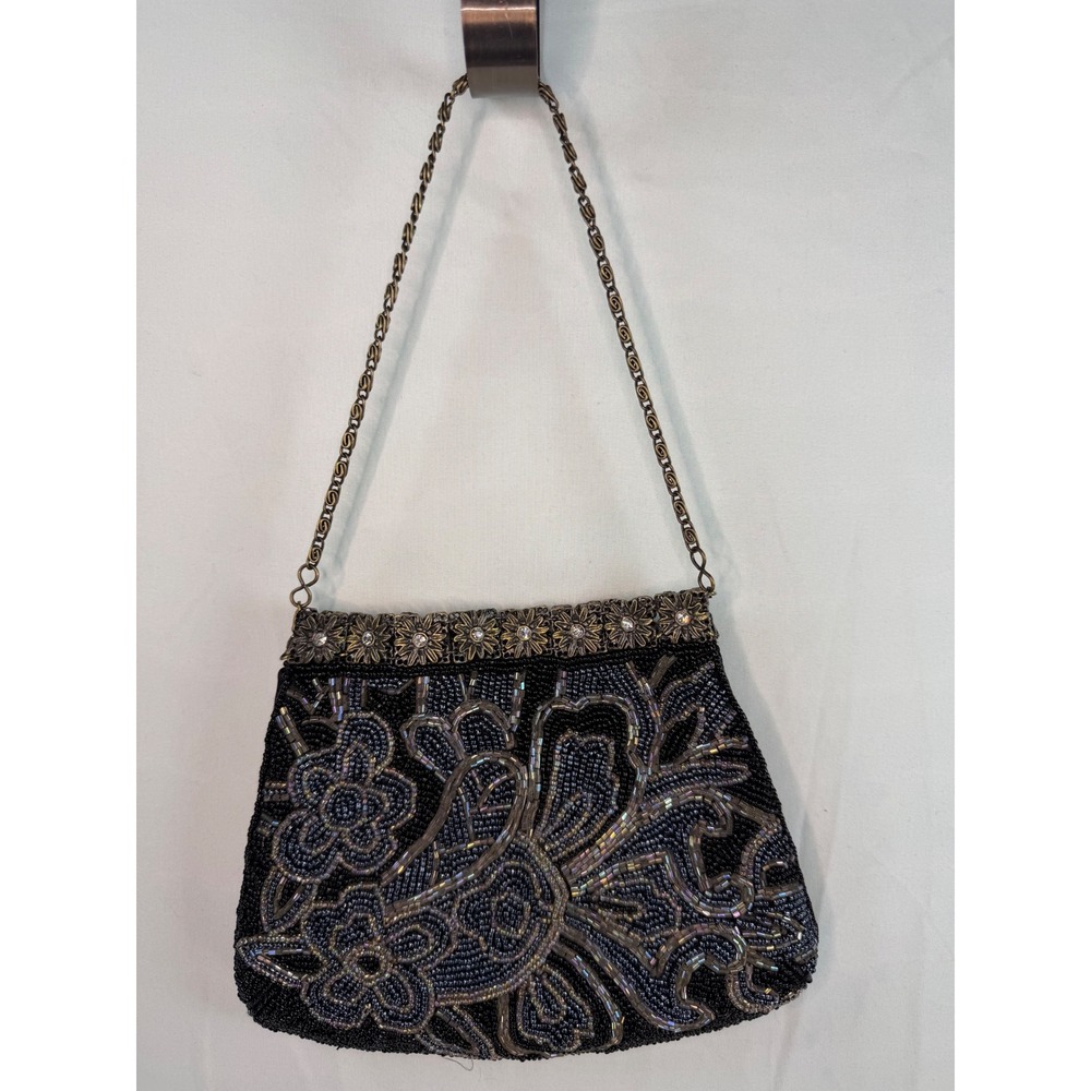 Menbur Black Beaded Floral Evening Bag Rhinestone Metal Frame Satin Clutch